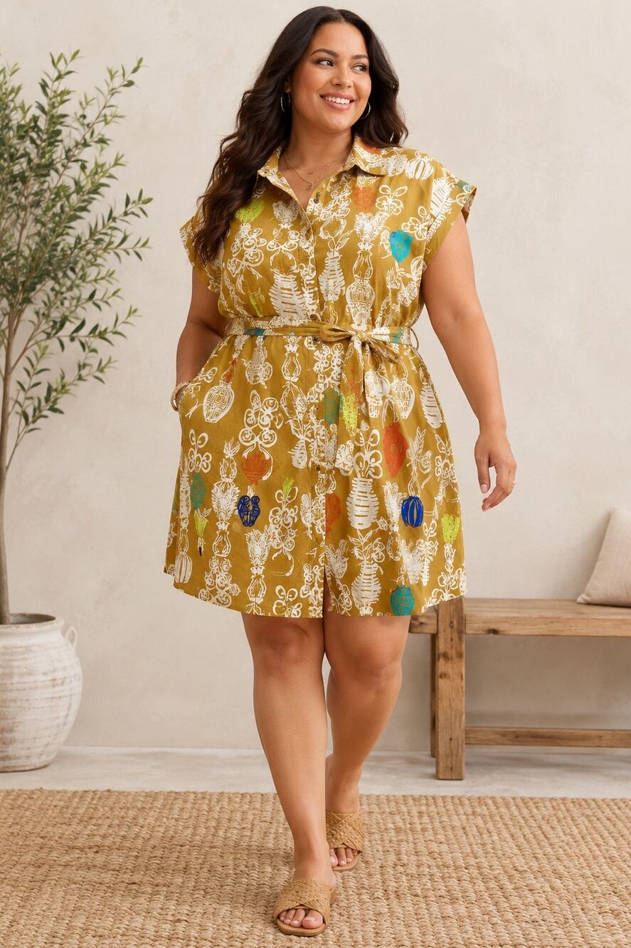 Maeve Anthropologie 1X Plus Botanical Vase Print Belted Shirt Dress NWT